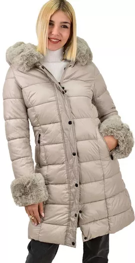 Potre Μακρύ Γυναικείο Puffer Μπουφάν με Γούνινη Κουκούλα για Χειμώνα Μπεζ