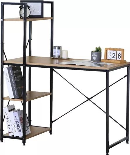 Γραφείο Ξύλινο με Βιβλιοθήκη Μαύρο με Μεταλλικά Πόδια 100x52x122cm