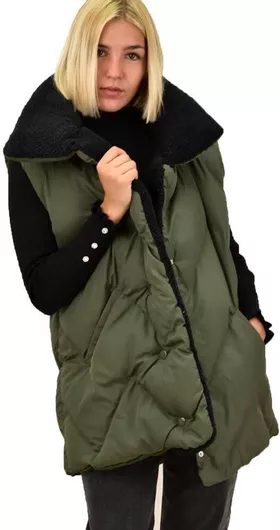 Potre Κοντό Γυναικείο Αμάνικο Puffer Μπουφάν για Χειμώνα Χακί