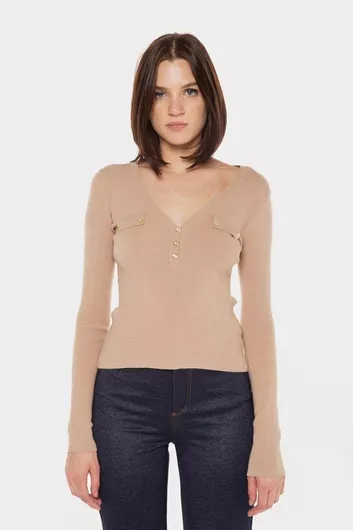 Guess Γυναικεία Μπλούζα Μακρυμάνικη Μπεζ