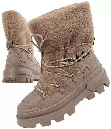 Lee Cooper Δερμάτινες Γυναικείες Μπότες Χιονιού με Γούνα Μπεζ