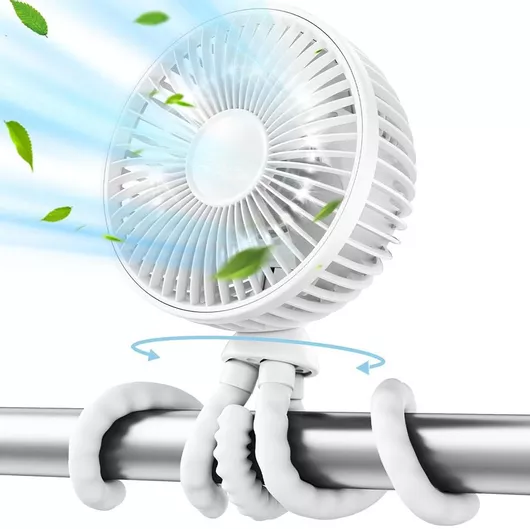 Techsuit Baby Stroller Fan Dq203 - Portable, Four Speeds, 360° Flexible Tripod Clip, 4000mAh, White