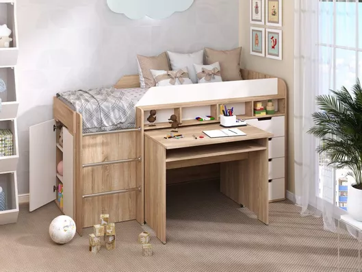 Legenda Παιδικό Κρεβάτι Υπερυψωμένο Μονό με Αποθηκευτικό Χώρο & Γραφείο για Στρώμα 70x190cm Μπεζ