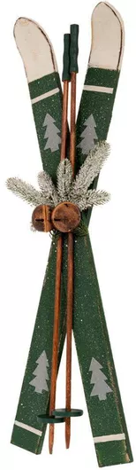 Πράσινα Ξύλινα Πέδιλα Σκι Καφέ Μπατόν Κουδουνάκια 25x9x75εκ