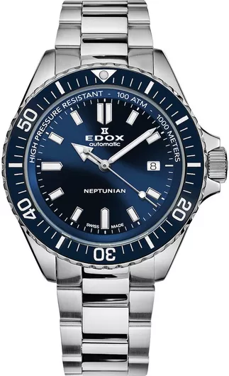 Ανδρικό Ρολόι Edox Neptunian Αυτόματο με Ασημί Μεταλλικό Μπρασελέ