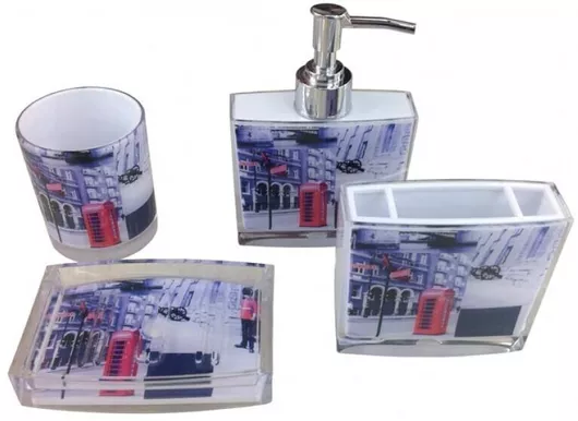 Ακρυλικό σετ μπάνιου Σετ 4τμχ Διαστάσεις Σαπουνοθήκη: 13x9x2,5cm Ποτήρι: 7x8cm Ποτήρι-θήκη: 10x3,5x10cm Dispencer: 10x3x16cm