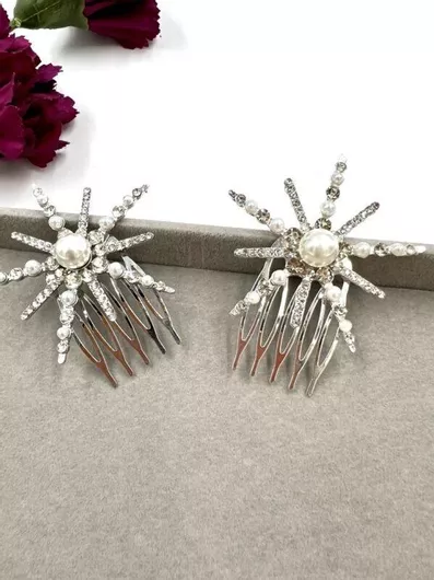 Κόσμημα Μαλλιών με Λευκές Πέρλες & Στρας - Σετ 2 Τεμαχίων Petite Tooth Comb Silver Ba82