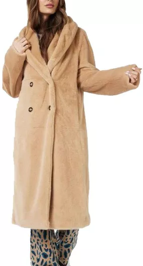 Esqualo Γυναικείο Καφέ Παλτό με Γούνινες Λεπτομέρειες