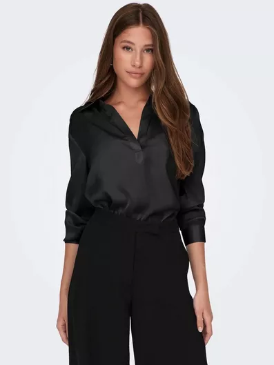 Only Γυναικεία Καλοκαιρινή Μπλούζα Σατέν Μακρυμάνικη με V Λαιμόκοψη Μαύρο