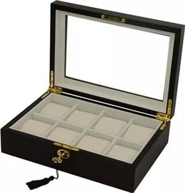 Θήκη Ρολογιών Rothenschild Ξύλινη με διάφανο καπάκι για 8 ρολόγια σε Μαύρο χρώμα RS-2105-8E