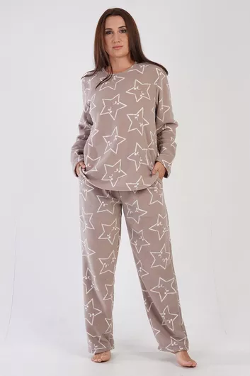Vienetta Γυναικεία Χειμερινή Fleece Πυτζάμα Hearts Plus Size 1xl-4xl 304043b Μπεζ