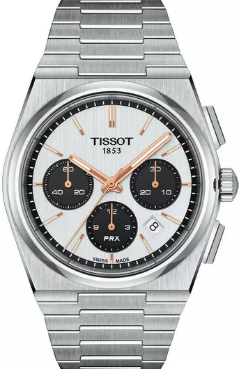 Ανδρικό Ρολόι Tissot PRX Χρονογράφος Αυτόματο με Ασημί Μεταλλικό Μπρασελέ