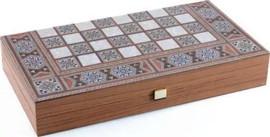 Σκάκι Manopoulos 3 Σε 1 Χειροποίητο / Τάβλι από Ξύλο Laminate Βελανιδιάς Μωσαϊκό με Πούλια 38x40cm