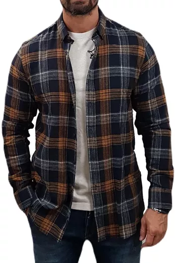 Marcus 7105 Μακρυμάνικo Φανελένιο Πουκάμισο σε Κανονική Γραμμή Καρό Navy Μπλε