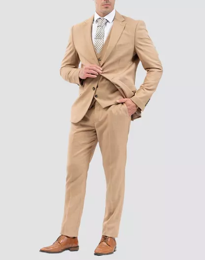 Καλοκαιρινό Ανδρικό Κοστούμι Με Γιλέκο με Κανονική Εφαρμογή Beige