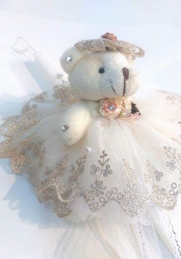 Πασχαλινή Λαμπάδα με Λούτρινο Αρκουδάκι με Φόρεμα Λευκό