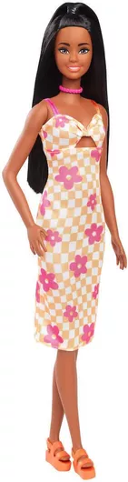 Barbie Checkered Flower Midi Dress Black Hair Κούκλα Fashionistas Mattel Fashionistas Μελαχρινή Κίτρινο Φόρεμα - Ροζ Λουλούδια για 3+ Ετών