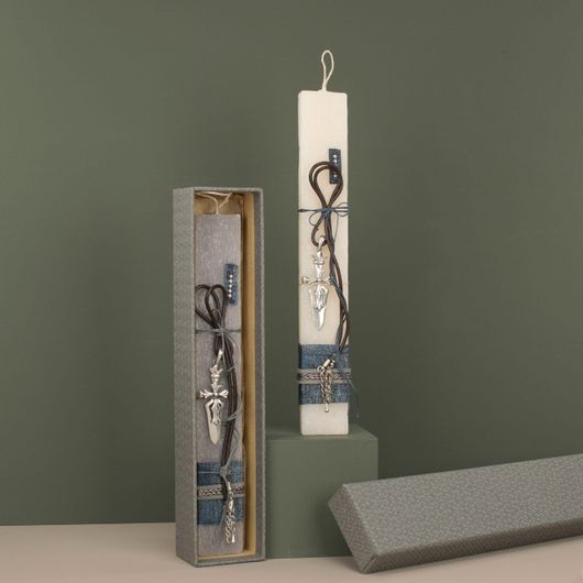 Πασχαλινή Λαμπάδα Χειροποίητη Πλακέ Κρεμ Σπαθί Πολύχρωμο