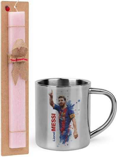 Πασχαλινή Λαμπάδα Λιονέλ Μέσι με Μεταλλική Κούπα Θερμό 300ml Αρωματική Πλακέ 30cm Ροζ