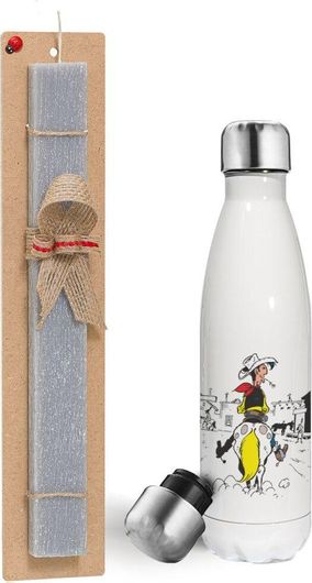 Πασχαλινή Λαμπάδα Koupakoupa Λούκυ Λουκ Comic Αρωματικό Πλακέ με Μεταλλικό Παγούρι Θερμός Λευκό 500ml 30cm Γκρι