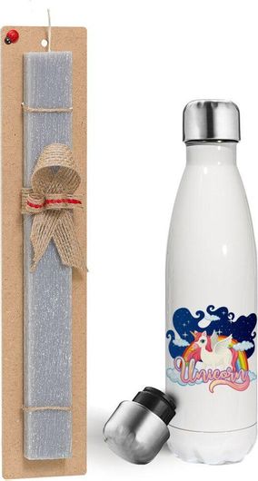 Πασχαλινή Λαμπάδα Koupakoupa Μονόκερος Αρωματικό Πλακέ με Μεταλλικό Παγούρι Θερμός Λευκό 500ml 30cm Γκρι