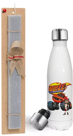 Πασχαλινή Λαμπάδα Koupakoupa Ο Μπλέιζ & Οι Φίλοι Του Αρωματικό Πλακέ με Μεταλλικό Παγούρι Θερμός Λευκό 500ml 30cm Γκρι