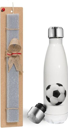 Πασχαλινή Λαμπάδα Koupakoupa Μπάλα Ποδοσφαίρου Αρωματικό Πλακέ με Μεταλλικό Παγούρι Θερμός Λευκό 500ml 30cm Γκρι