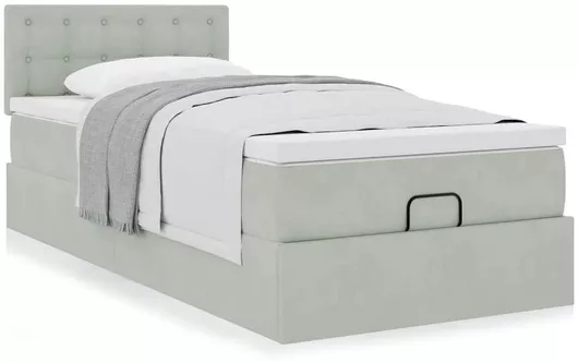 Κρεβάτι Οθωμανικό King Size Επενδυμένο με Ύφασμα με Αποθηκευτικό Χώρο, Τάβλες & Στρώμα 200x200cm Γκρι