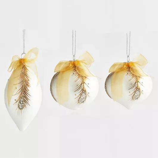 Christmas Hanging Feather Glass Ecru 20x5cm Set of 4pcs
