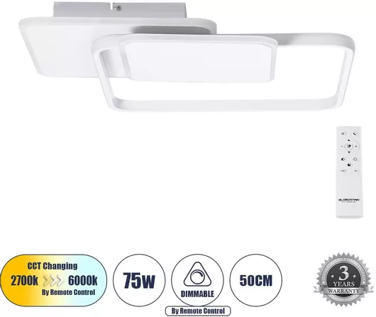 Πλαφονιέρα Οροφής GloboStar Squaro 51cm Λευκό με Ενσωματωμένο LED & Τηλεχειριστήριο