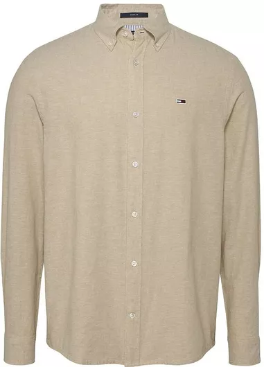 Tommy Hilfiger Λινό Ριγέ Μακρυμάνικο Πουκάμισο Κανονική Γραμμή Μπεζ