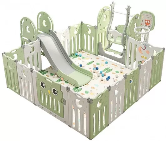 Τσουλήθρα Σετ Παιδότοπου Owl Με Φράχτη, Κούνια, & Χαλάκι Πράσινο 179 x 179 cm