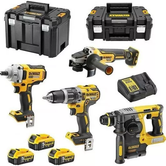 Σετ Dewalt Γωνιακός Τροχός & Κρουστικό Δραπανοκατσάβιδο & Μπουλονόκλειδο & Πιστολέτο 18V με 3 Μπαταρίες 5Ah & Θήκη