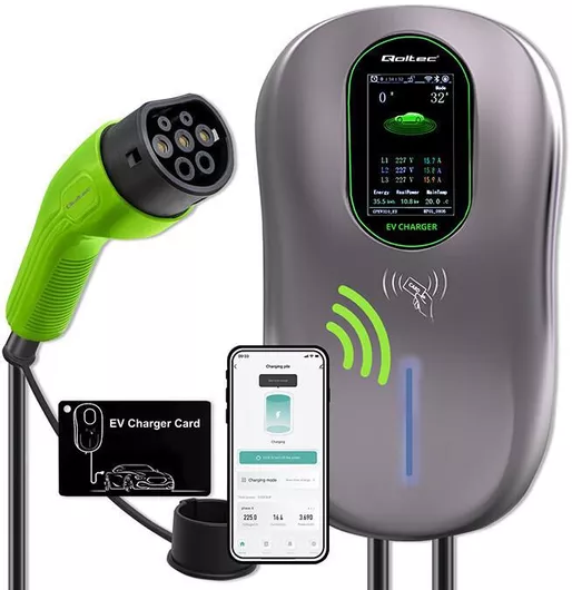 Σταθμός Φόρτισης Ηλεκτρικών Αυτοκινήτων Qoltec Επιτοίχιος Τριφασικός 22kW με Ενσωματωμένο Καλώδιο Type 2