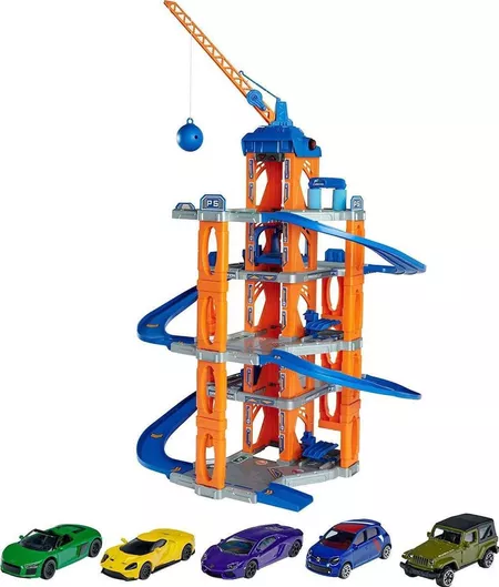 Majorette Majorette Garage Downhill Track with Elevator and 5-Car Large Set for Kids