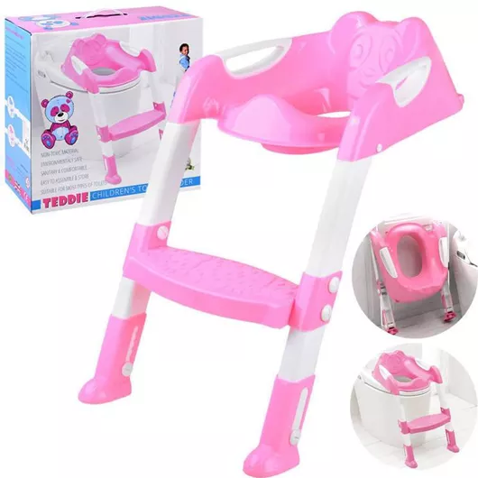 Παιδικό Κάθισμα Τουαλέτας Jokomisiada με Σκληρή Επιφάνεια, Χερούλια & Σκαλοπάτι Ροζ