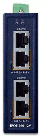 Planet IPOE-260-12V Industrial PoE Injector - 2-Port, 802.3at, 36/72W, IP30, Wide Temperature Range, Dual Power Input