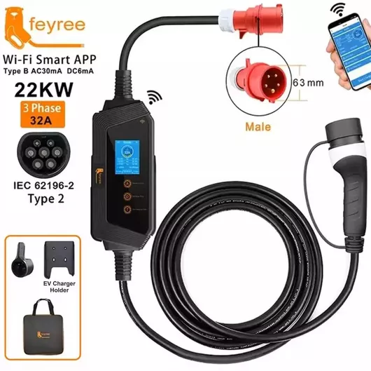 Σταθμός Φόρτισης Ηλεκτρικών Αυτοκινήτων Feyree Φορητός Τριφασικός 22kW με Ενσωματωμένο Καλώδιο Type 2 2023101003