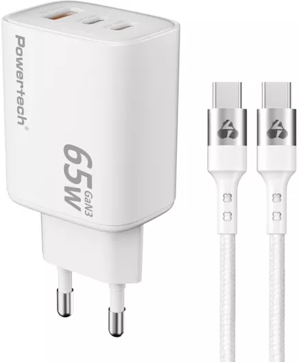 Φορτιστής Κινητού Powertech GaN με Θύρα USB-A & 2 Θύρες USB-C & Καλώδιο USB-C - USB-C 65W Λευκός PT-1415