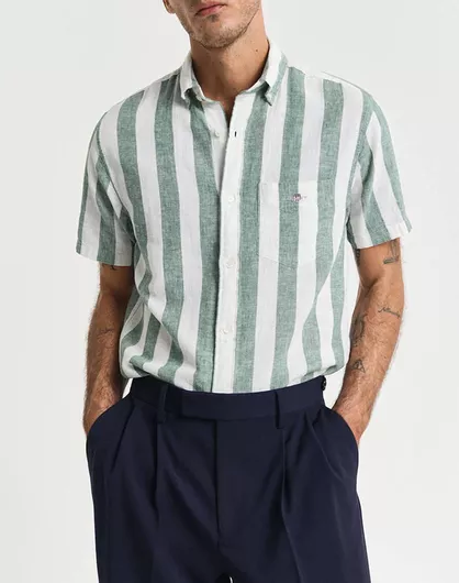 Gant Ανδρικό Λινό Ριγέ Κοντομάνικο Πουκάμισο Regular Fit Pine Green