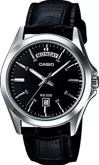 Ανδρικό Ρολόι Casio Day Date Μπαταρίας με Μαύρο Δερμάτινο Λουράκι