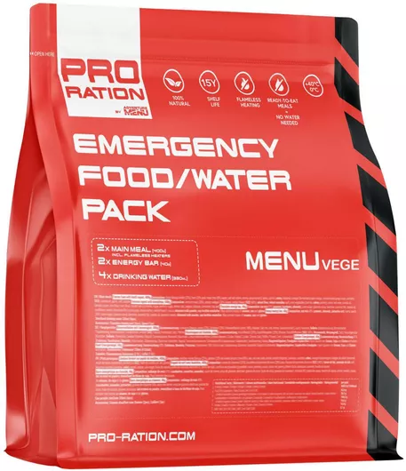 Pro Ration Emergency Food & Water Pack | Vegetarian Menu | 15 Year Shelf Life
