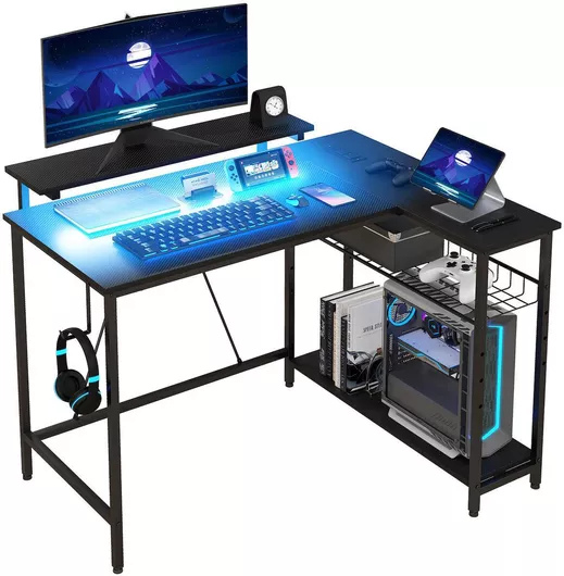 Γραφείο Γωνιακό Gaming Ξύλινο Μαύρο με Μεταλλικά Πόδια, LED & USB θύρες 110x80x73.5cm