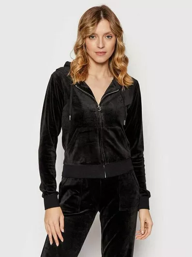 Juicy Couture Μακριά Γυναικεία Ζακέτα Φούτερ Βελουτέ με Κουκούλα Μαύρο
