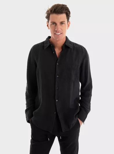 Hugo Boss Ανδρικό Λινό Μακρυμάνικο Πουκάμισο Regular Fit Μαύρο