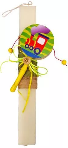 Πασχαλινή Λαμπάδα Στρογγυλή Χειροποίητη Λευκό με Ξύλινο Τυμπανάκι Περιστροφής