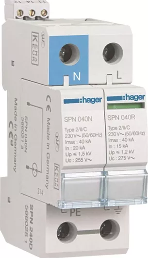 Αντικεραυνικό Πίνακας Hager Τύπου T2 Διπολικό 1P+N 40kA