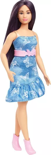 Κούκλα Barbie Mattel Fashionistas Down Syndrome, Purple Hair, Butterfly Print Strapless Denim Dress, Pink Belt and Boots για 3+ Ετών