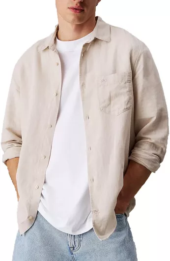 Calvin Klein Λινό Μακρυμάνικο Πουκάμισο Regular Fit Silver Lining