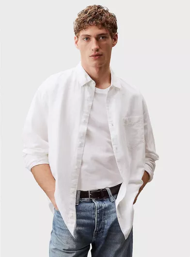 Calvin Klein Μακρυμάνικo Λινό Πουκάμισο Κανονική Γραμμή Λευκό